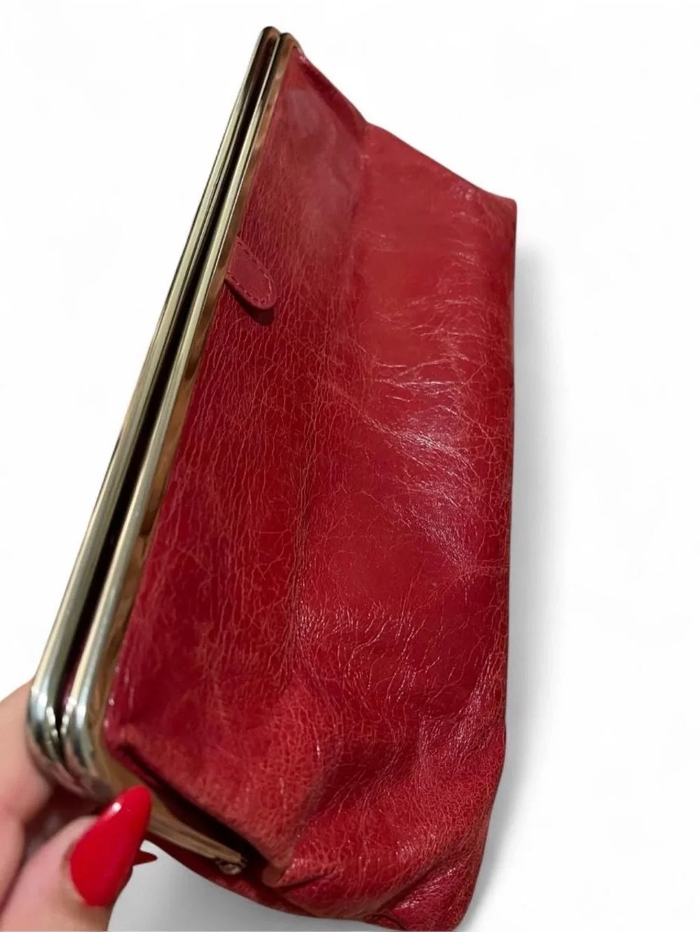 HOBO The Original Lauren Double Frame Clutch Wallet Red Glazed Leather